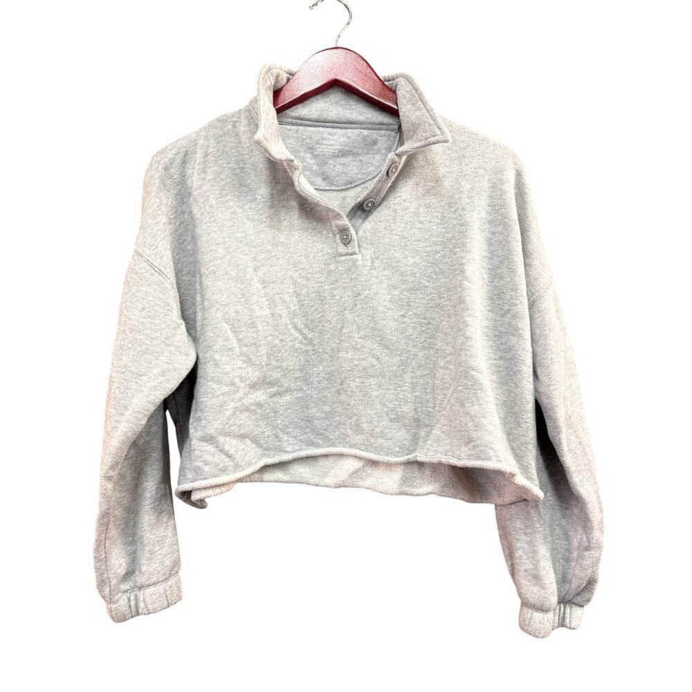 Aerie XS Gray Cropped Fleece Pullover Sweatshirt